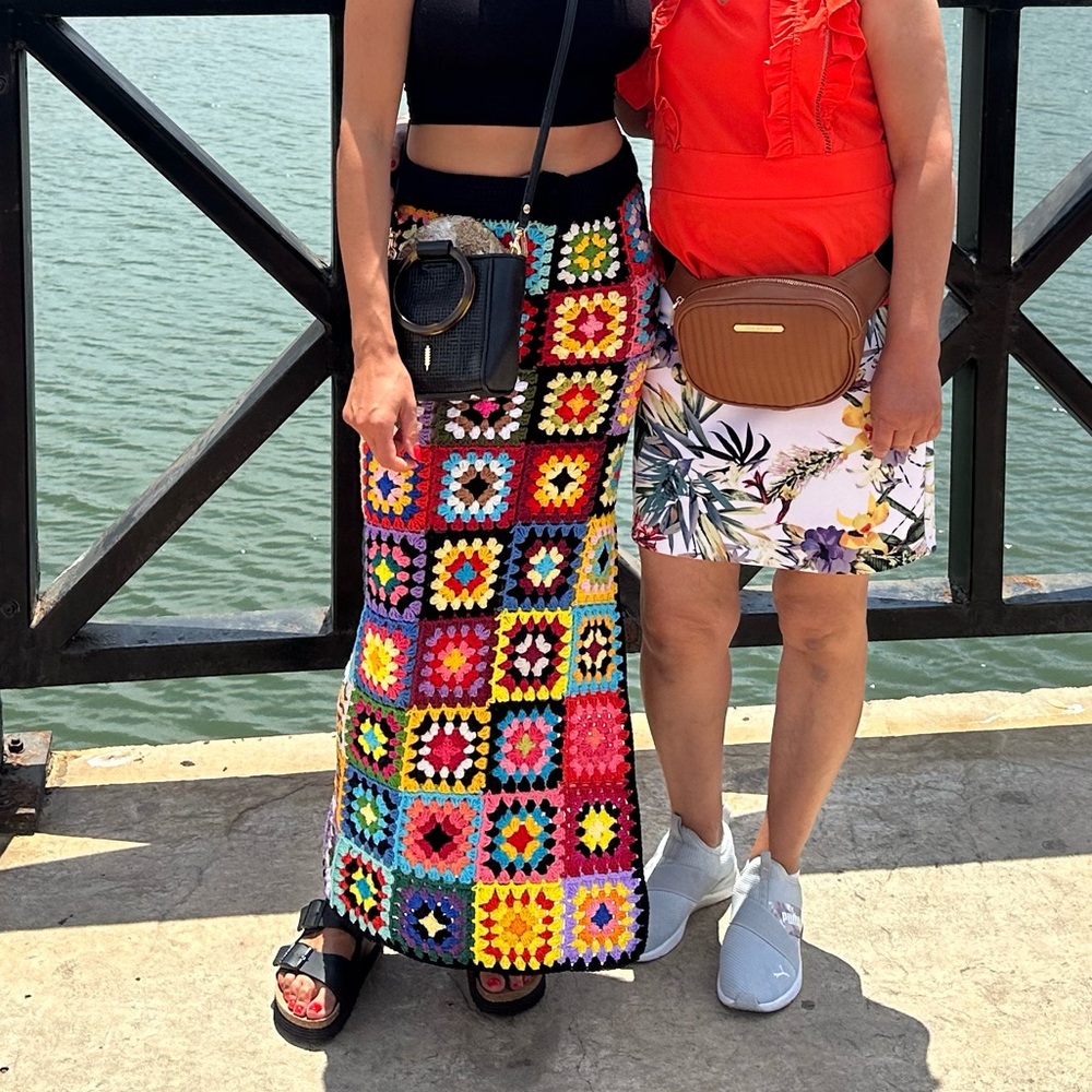 Handmade Granny Square Crochet Maxi Skirt with slit. Will fit an xs - m